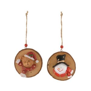 Drevená závesná ozdoba s medveďom/so snehuliakom 8,8x8,8x2,6cm – Obrázok 1