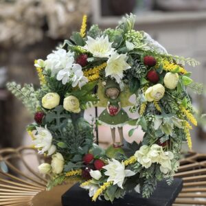 Žlto-zelený veniec na dvere s jahodami 39cm