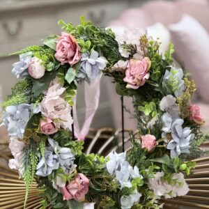 Ružovo-modrý veniec na dvere 45cm